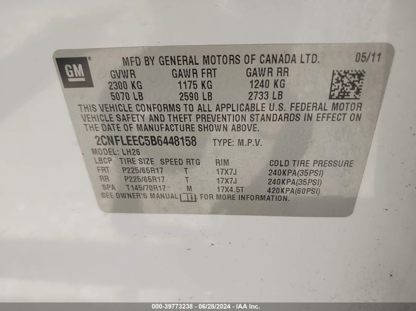 2011 Chevrolet Equinox 1Lt VIN: 2CNFLEEC5B6448158 Lot: 39773238