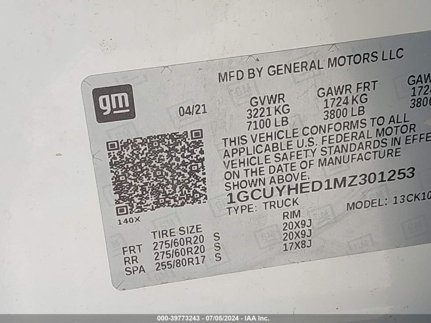 2021 Chevrolet Silverado 1500 4Wd Short Bed High Country VIN: 1GCUYHED1MZ301253 Lot: 39773243