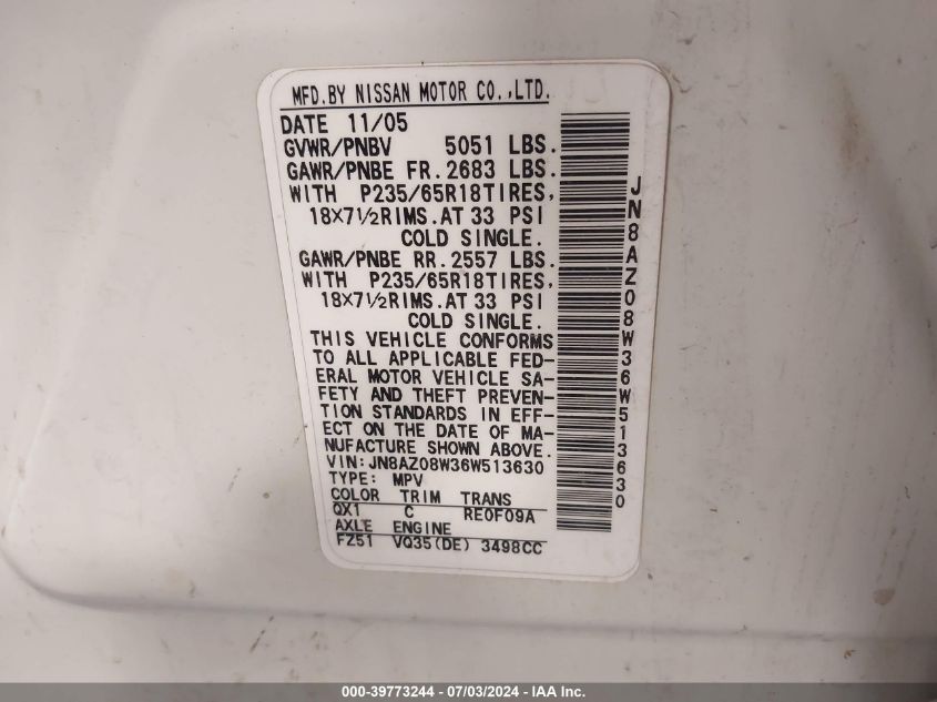 2006 Nissan Murano Sl VIN: JN8AZ08W36W513630 Lot: 39773244