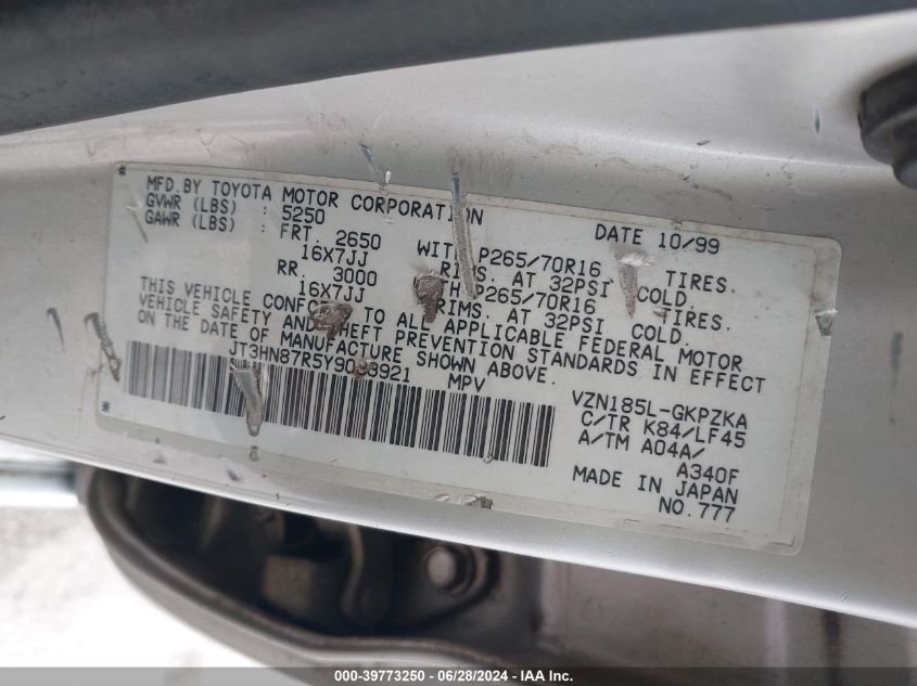 2000 Toyota 4Runner Limited V6 VIN: JT3HN87R5Y9033921 Lot: 39773250