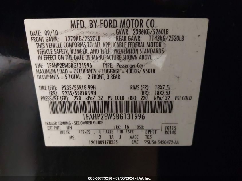 2011 Ford Taurus Sel VIN: 1FAHP2EW5BG131996 Lot: 39773256