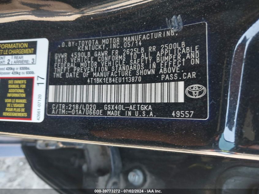 2014 Toyota Avalon Premium/Touring/Limited VIN: 4T1BK1EB4EU113870 Lot: 39773272