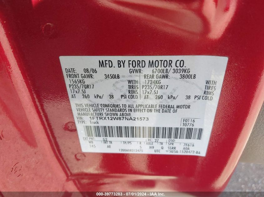 2007 Ford F-150 Stx/Xl/Xlt VIN: 1FTRX12W87NA21573 Lot: 39773283
