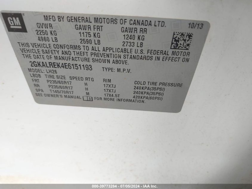 2014 GMC Terrain Sle-2 VIN: 2GKALREK4E6151193 Lot: 39773284