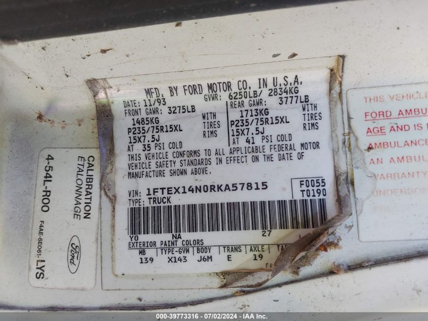 1994 Ford F150 VIN: 1FTEX14N0RKA57815 Lot: 39773316
