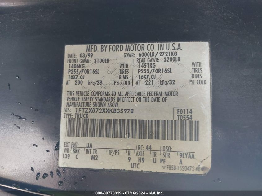 1999 Ford F-150 Xl/Xlt VIN: 1FTZX072XXKB35978 Lot: 39773319