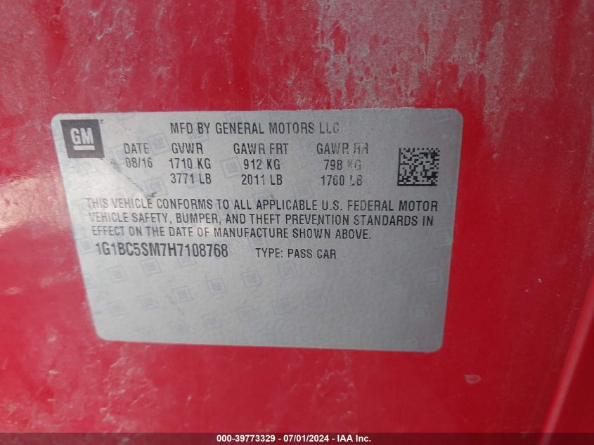 2017 Chevrolet Cruze Ls Auto VIN: 1G1BC5SM7H7108768 Lot: 39773329