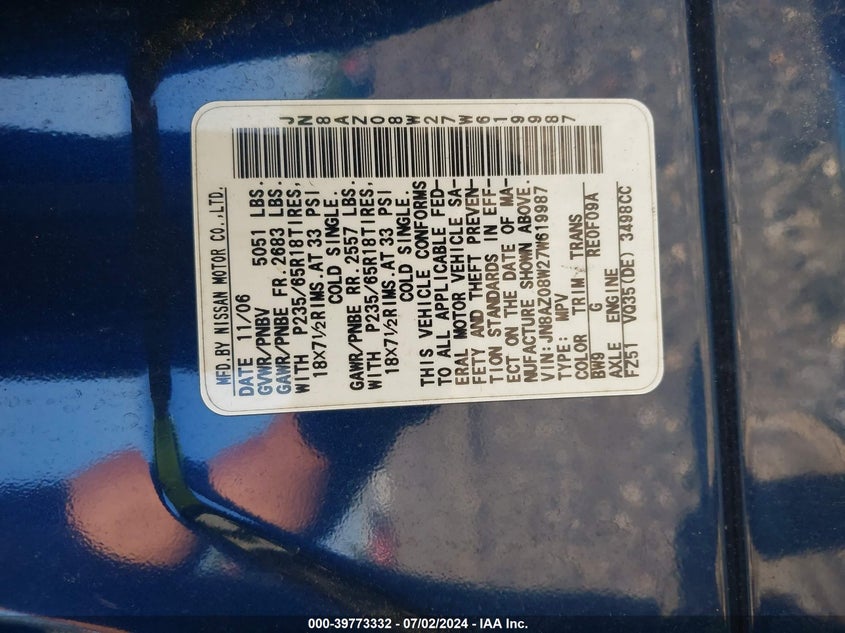 2007 Nissan Murano Sl VIN: JN8AZ08W27W619987 Lot: 39773332