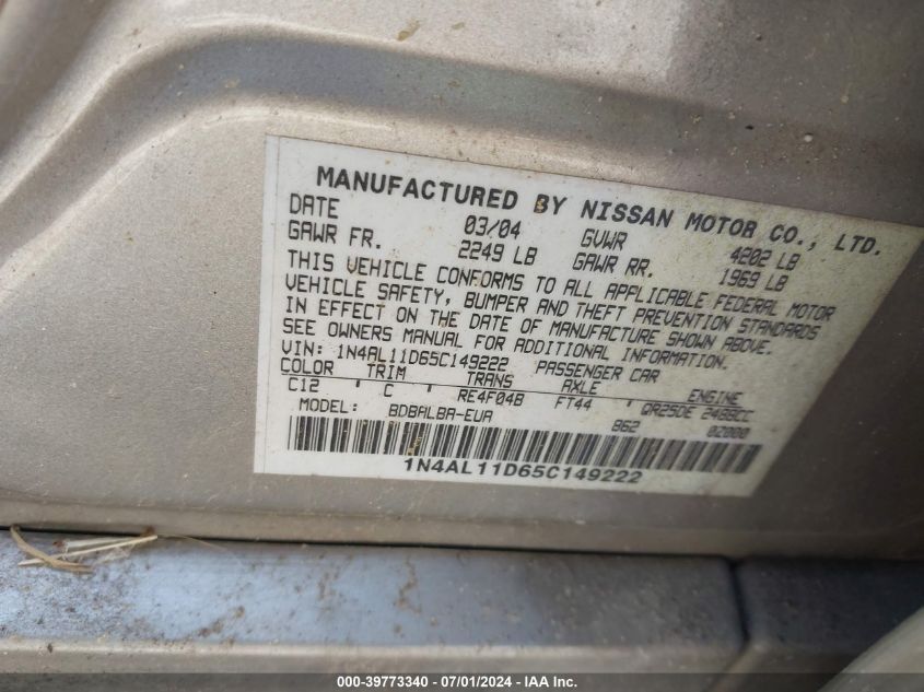 2005 Nissan Altima 2.5 S VIN: 1N4AL11D65C149222 Lot: 39773340