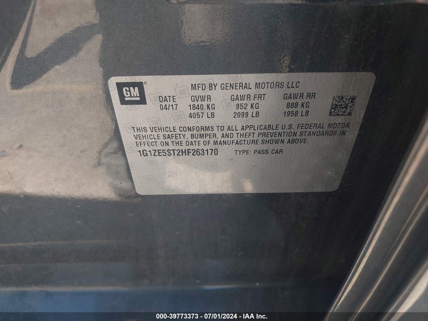 2017 Chevrolet Malibu 1Lt VIN: 1G1ZE5ST2HF263170 Lot: 39773373