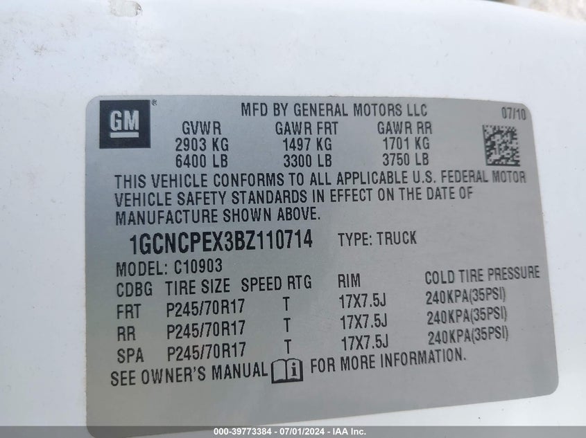 2011 Chevrolet Silverado 1500 Work Truck VIN: 1GCNCPEX3BZ110714 Lot: 39773384