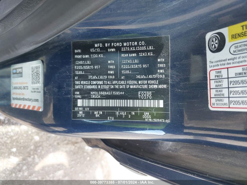 2013 Ford Transit Connect Xlt VIN: NM0LS6BN4DT159544 Lot: 39773385