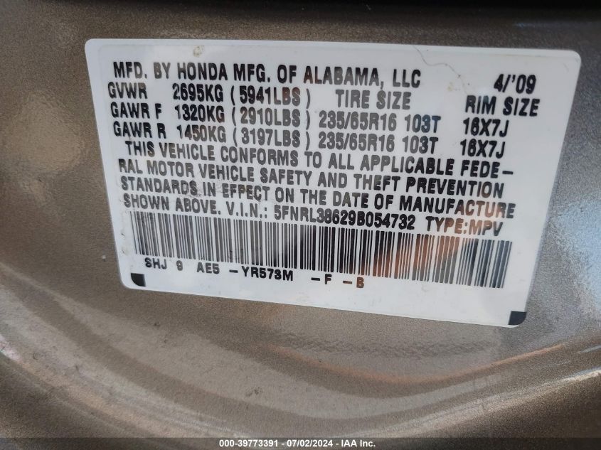 2009 Honda Odyssey Ex-L VIN: 5FNRL38629B054732 Lot: 39773391