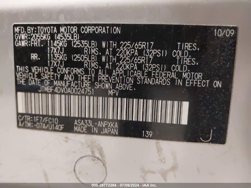 2010 Toyota Rav4 VIN: JTMBF4DV0AD024751 Lot: 39773394