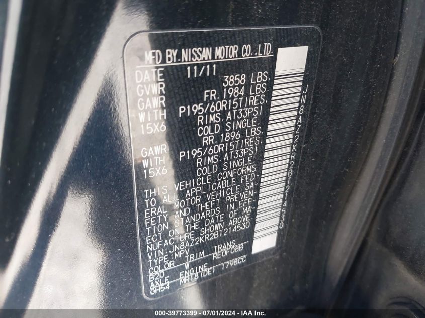 2011 Nissan Cube 1.8S VIN: JN8AZ2KR2BT214530 Lot: 39773399