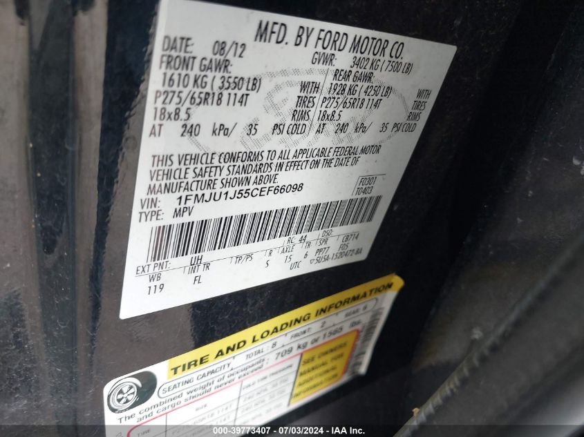 2012 Ford Expedition Xlt VIN: 1FMJU1J55CEF66098 Lot: 39773407
