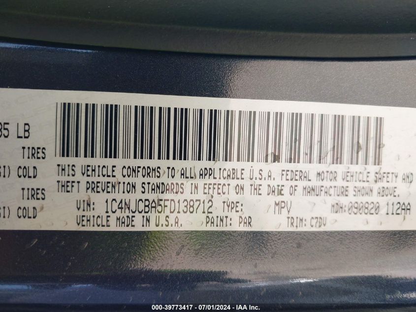 2015 Jeep Compass Sport VIN: 1C4NJCBA5FD138712 Lot: 39773417