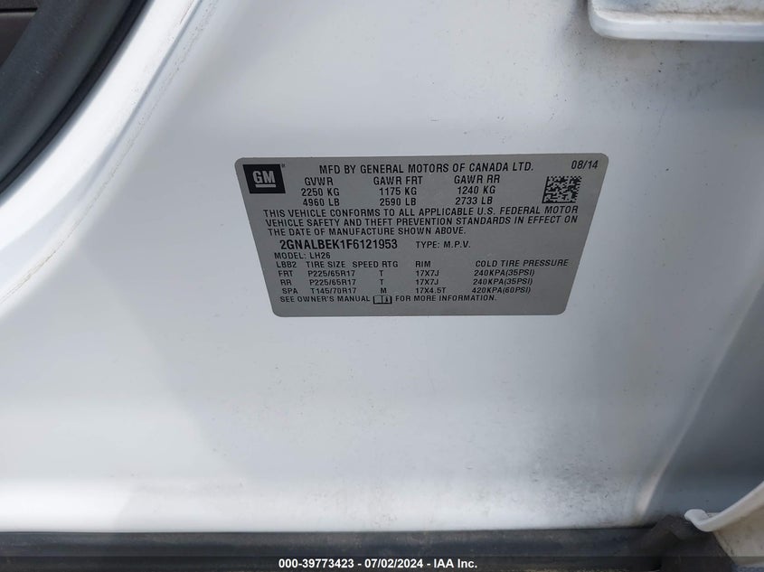 2015 CHEVROLET EQUINOX 1LT - 2GNALBEK1F6121953