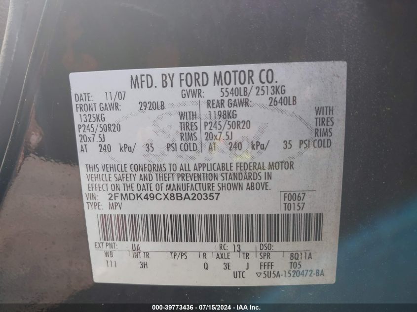 2008 Ford Edge Limited VIN: 2FMDK49CX8BA20357 Lot: 39773436