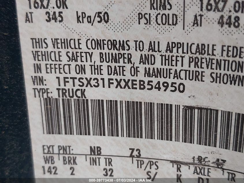 1999 Ford F-350 Srw Super Duty VIN: 1FTSX31FXXEB54950 Lot: 39773438