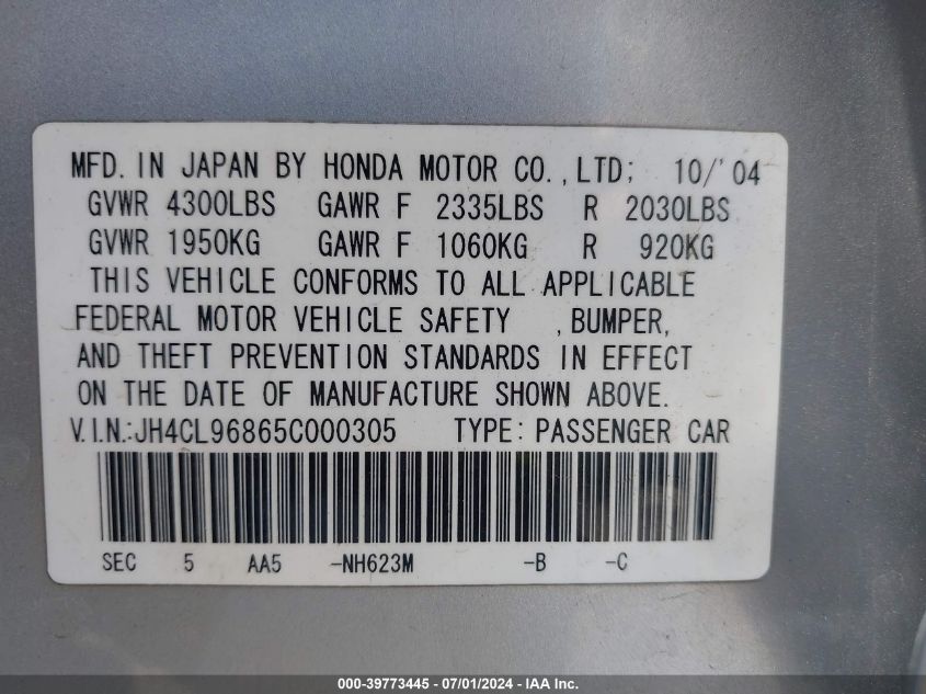 2005 Acura Tsx VIN: JH4CL96865C000305 Lot: 39773445