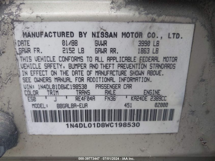 1N4DL01D8WC198530 1998 Nissan Altima Gle/Gxe/Se/Xe