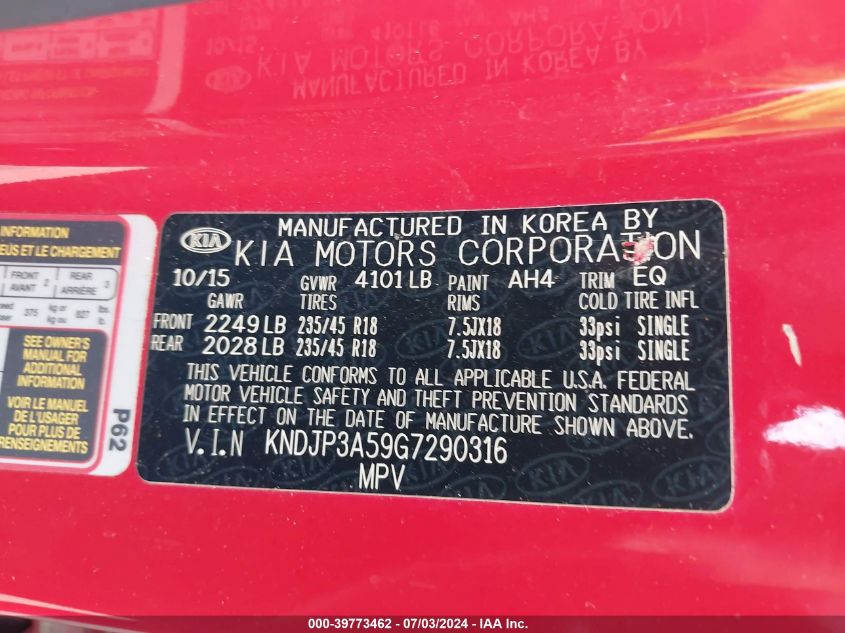 2016 Kia Soul + VIN: KNDJP3A59G7290316 Lot: 39773462