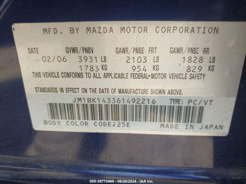 2006 Mazda Mazda3 S/S Grand Touring/S Touring VIN: JM1BK143361492216 Lot: 39773468