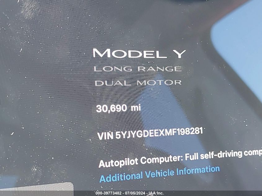 2021 Tesla Model Y Long Range Dual Motor All-Wheel Drive VIN: 5YJYGDEEXMF198281 Lot: 39773482