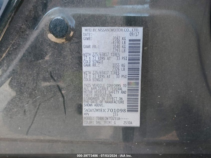 2018 Nissan Rogue S/Sl VIN: 5N1AT2MT8JC701098 Lot: 39773486