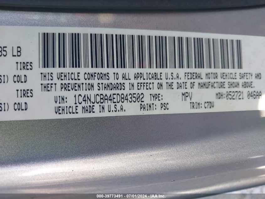 2014 Jeep Compass Sport VIN: 1C4NJCBA4ED843502 Lot: 39773491