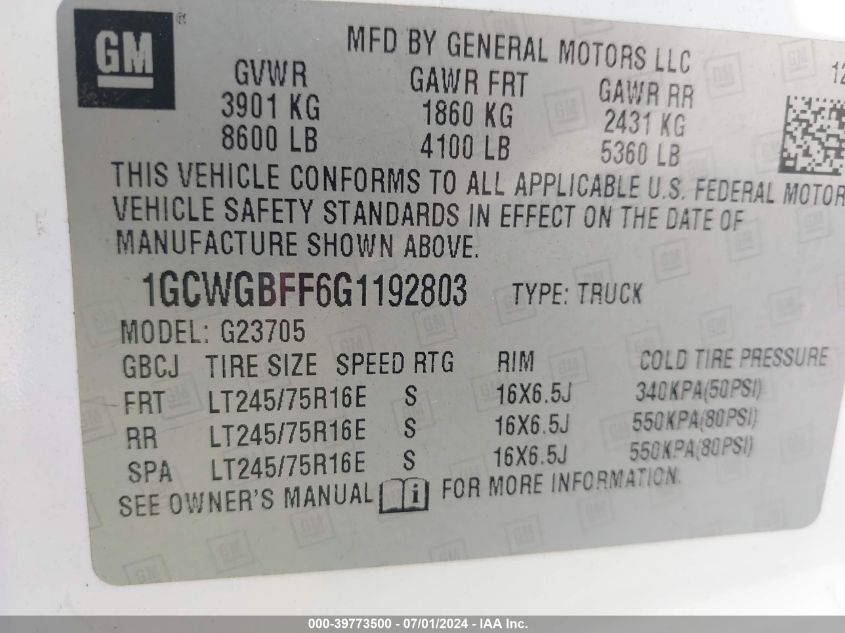 2016 Chevrolet Express 2500 Work Van VIN: 1GCWGBFF6G1192803 Lot: 39773500