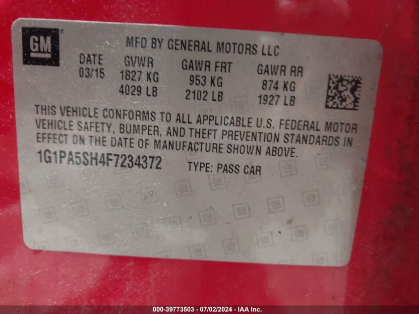 2015 Chevrolet Cruze Ls VIN: 1G1PA5SH4F7234372 Lot: 39773503