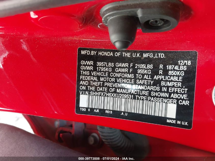 2019 Honda Civic Ex VIN: SHHFK7H6XKU209531 Lot: 39773508