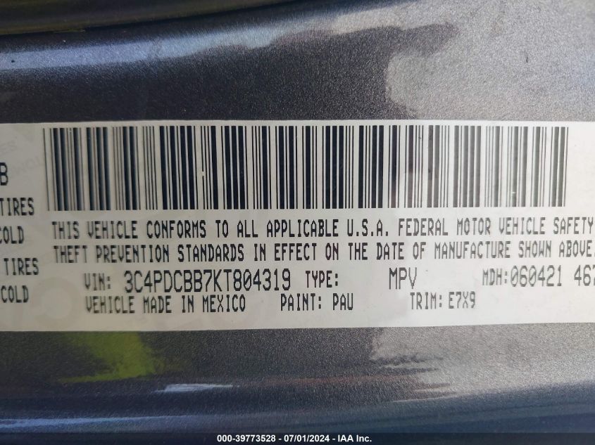 2019 Dodge Journey Se VIN: 3C4PDCBB7KT804319 Lot: 39773528