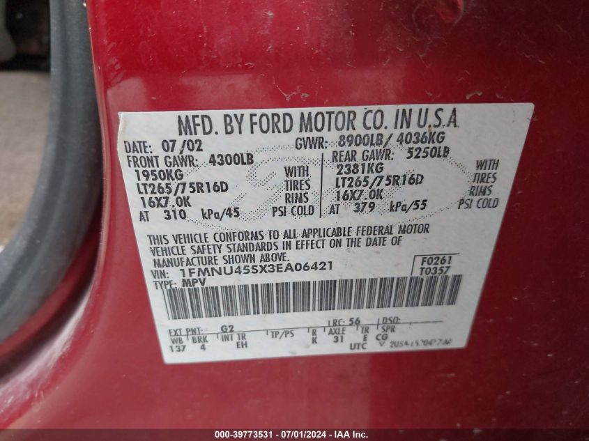 2003 Ford Excursion Eddie Bauer VIN: 1FMNU45SX3EA06421 Lot: 39773531