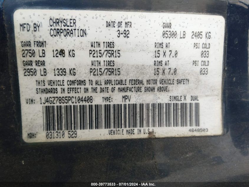 1993 Jeep Grand Cherokee Limited VIN: 1J4GZ78S5PC104408 Lot: 39773533