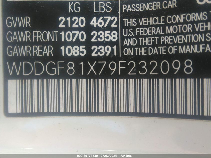 2009 Mercedes-Benz C 300 Luxury 4Matic/Sport 4Matic VIN: WDDGF81X79F232098 Lot: 39773539