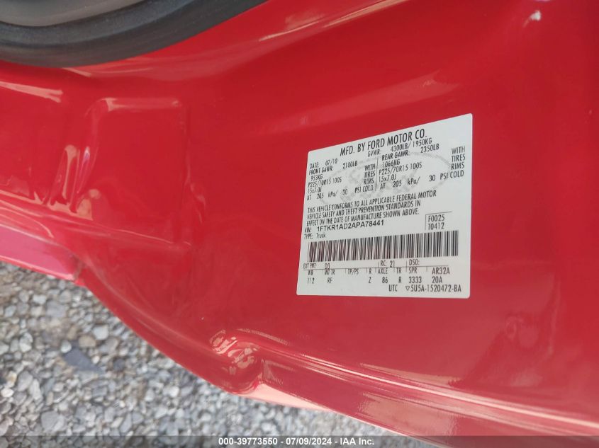 2010 Ford Ranger Xl/Xlt VIN: 1FTKR1AD2APA78441 Lot: 39773550