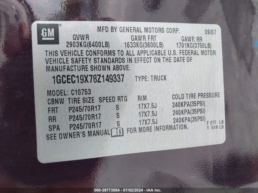 2008 Chevrolet Silverado 1500 C1500 VIN: 1GCEC19X78Z149337 Lot: 39773554
