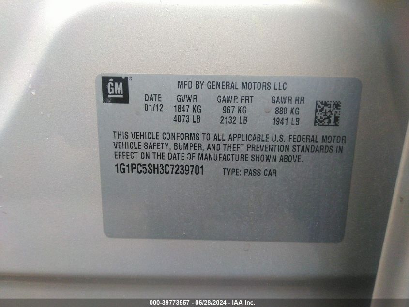 2012 Chevrolet Cruze Ls VIN: 1G1PC5SH3C7239701 Lot: 39773557