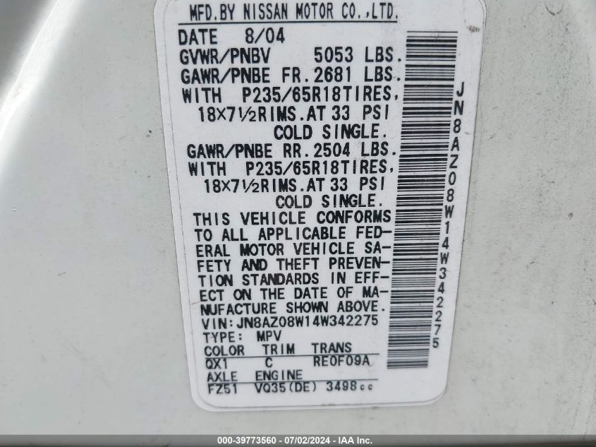 2004 Nissan Murano Sl VIN: JN8AZ08W14W342275 Lot: 39773560