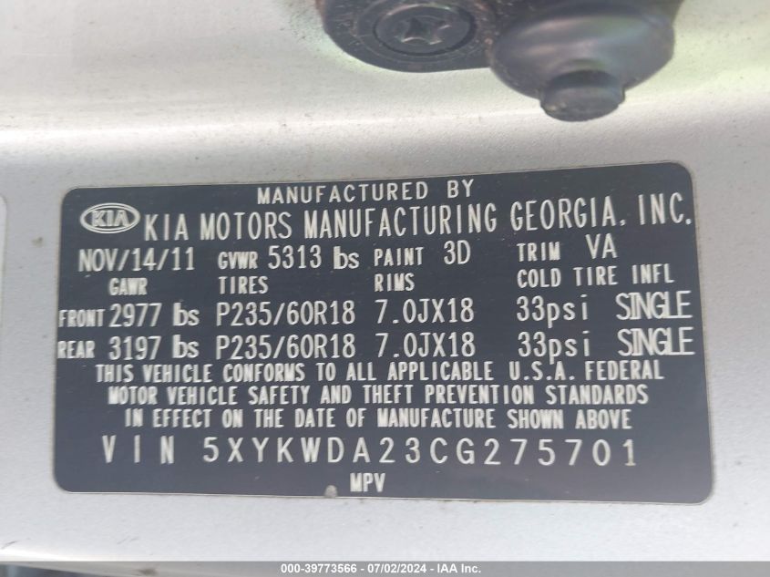 2012 Kia Sorento Sx V6 VIN: 5XYKWDA23CG275701 Lot: 39773566