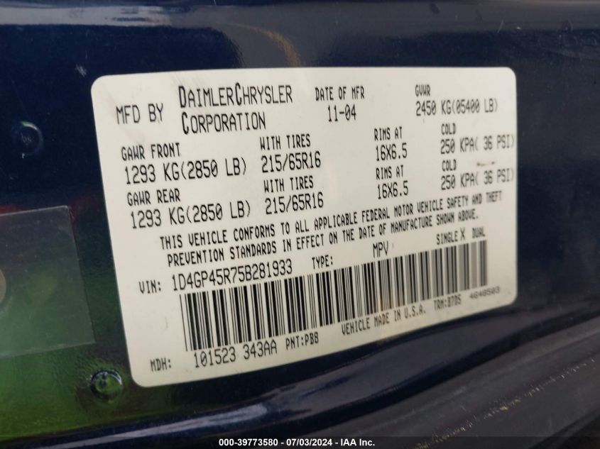 2005 Dodge Caravan Sxt VIN: 1D4GP45R75B281933 Lot: 39773580