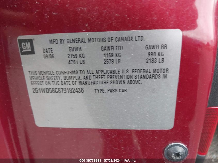 2007 Chevrolet Impala Super Sport VIN: 2G1WD58C879182436 Lot: 39773593