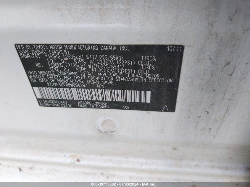 2011 Toyota Rav4 Limited VIN: 2T3YF4DV8BW094397 Lot: 39773602