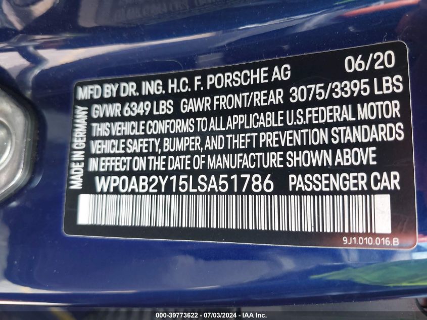 2020 Porsche Taycan 4S VIN: WP0AB2Y15LSA51786 Lot: 39773622