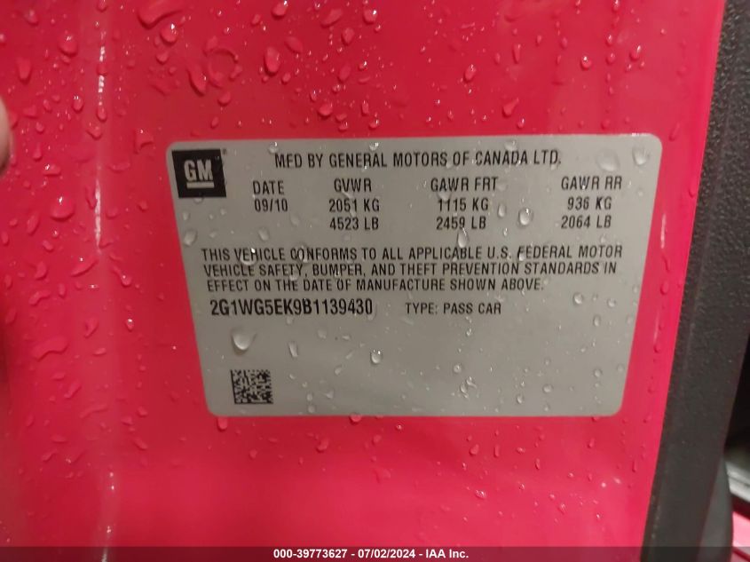 2011 Chevrolet Impala Lt VIN: 2G1WG5EK9B1139430 Lot: 39773627