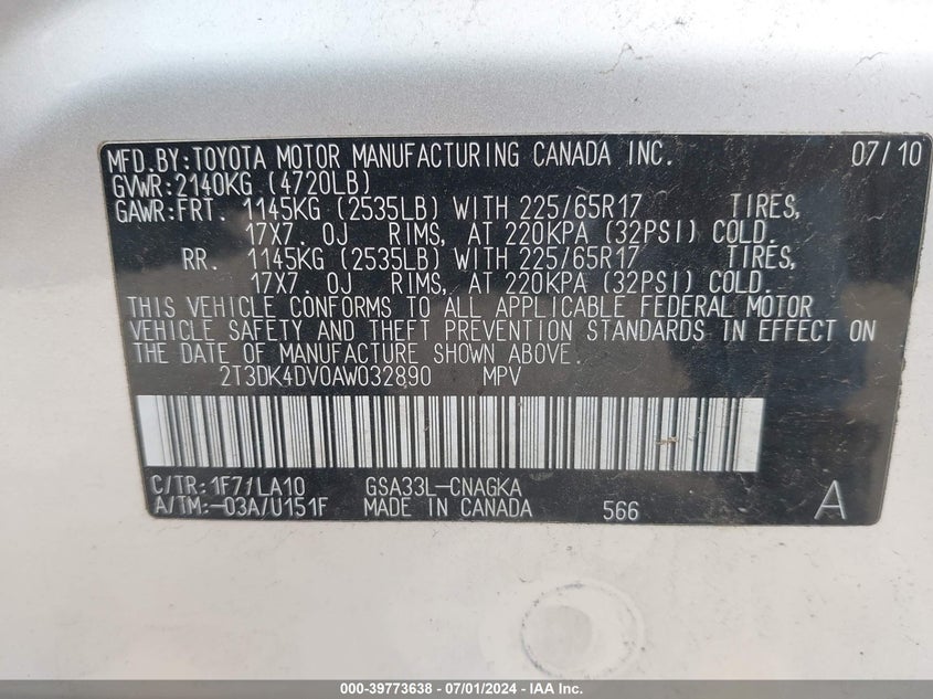 2010 Toyota Rav4 Limited V6 VIN: 2T3DK4DV0AW032890 Lot: 39773638