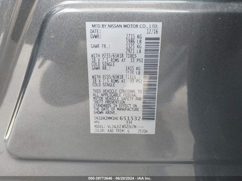 2017 Nissan Pathfinder Sv VIN: 5N1DR2MM1HC651532 Lot: 39773646